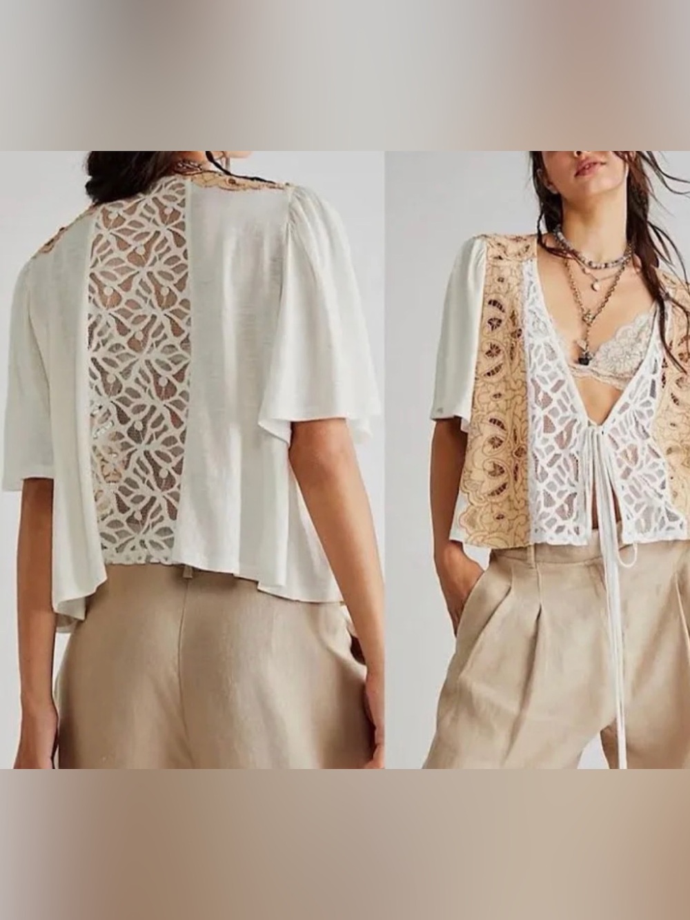 Free People Blossom Lace Wrap ( front or back tie) Top with Tan Embroidered Trim
